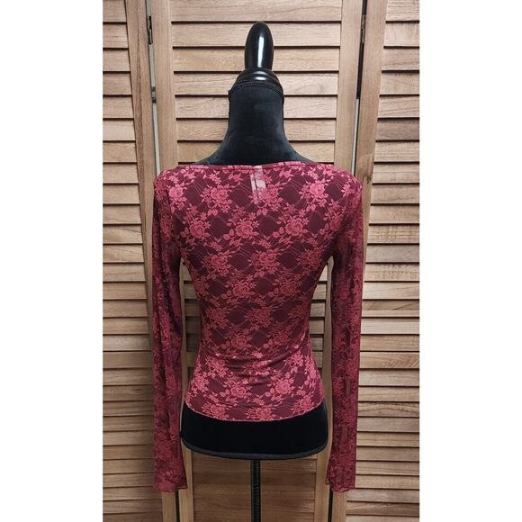 Urban Outfitters Out From Under Burgundy Long Sleeve Top Small S Sheer Floral - Picture 7 of 8